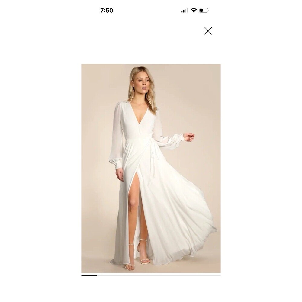 Lulu’s Wondrous Water Lilies White Flowy Ethereal Chiffon Maxi Dress, Sz XS